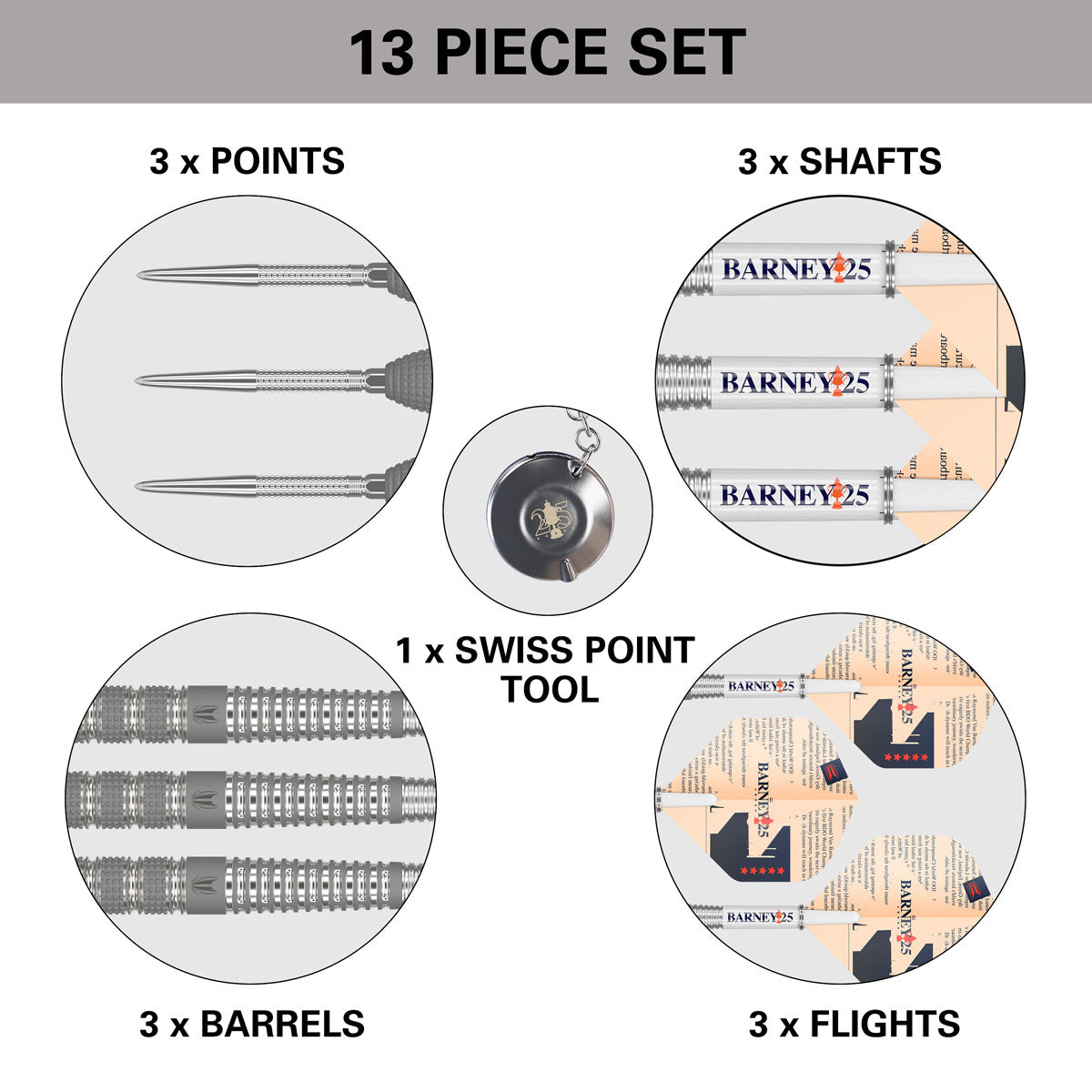 Barney 25 Steel Tip Darts contents image displaying everything included inside the box