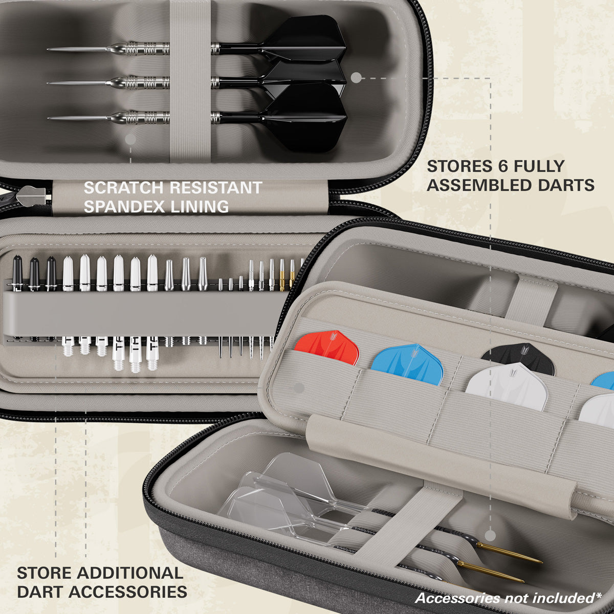 Target BOA Case Grey image highlighting the internal storage compartments, straps, and accessory holders