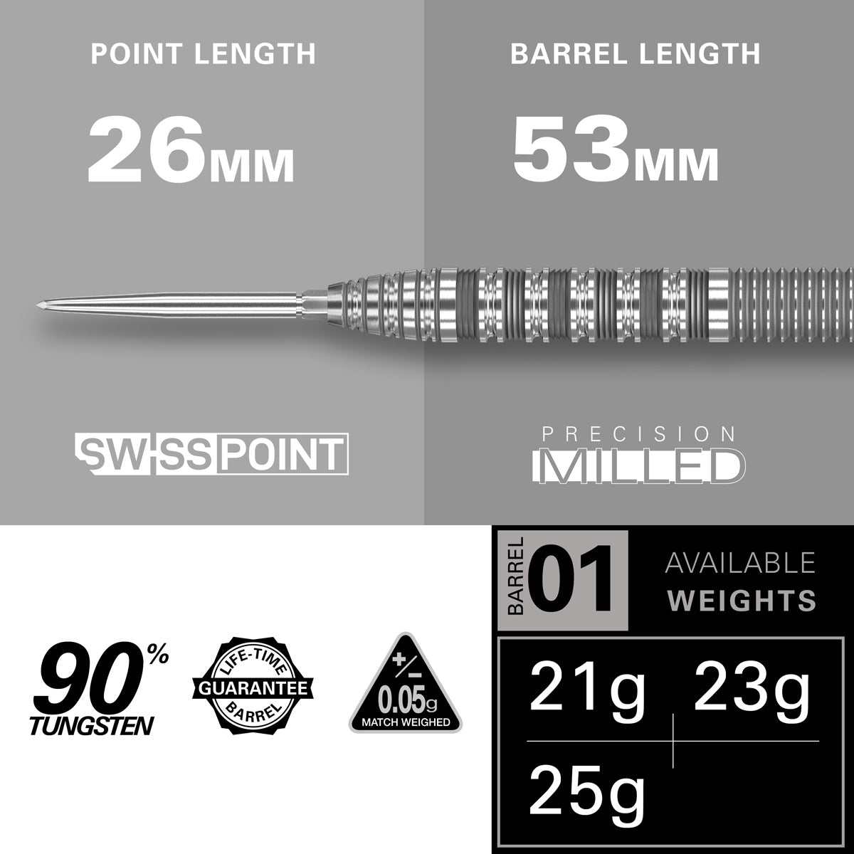 Bolide 01 SP Steel Tip Darts technical specifications image showing barrel dimensions and weights