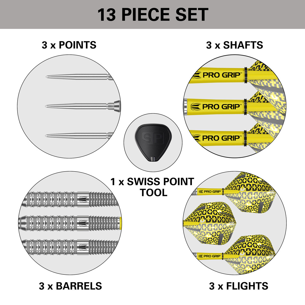 Bolide 02 SP Steel Tip Darts contents image displaying all included accessories and components inside the box