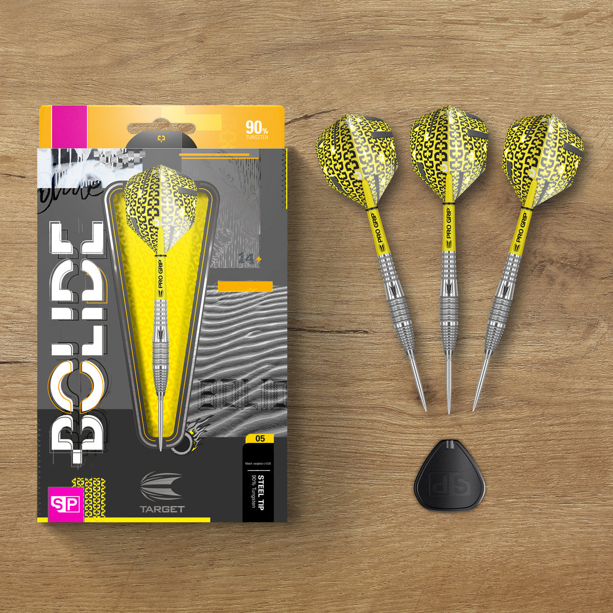 Bolide 05 SP Steel Tip Darts lifestyle image featuring the darts in a premium modern playing setup