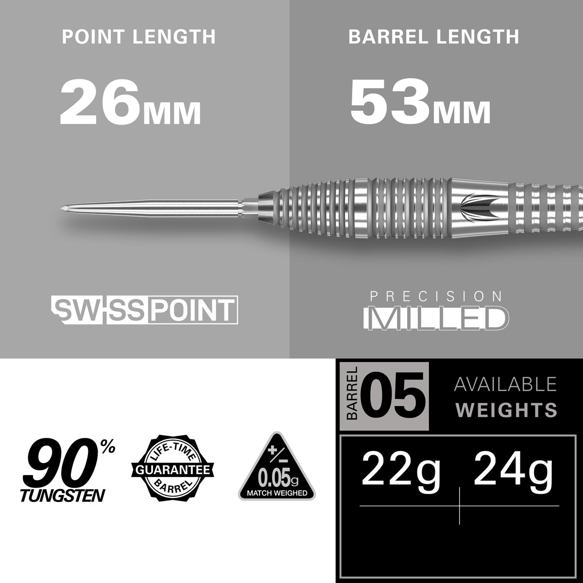 Bolide 05 SP Steel Tip Darts specifications image displaying barrel dimensions and technical dart information
