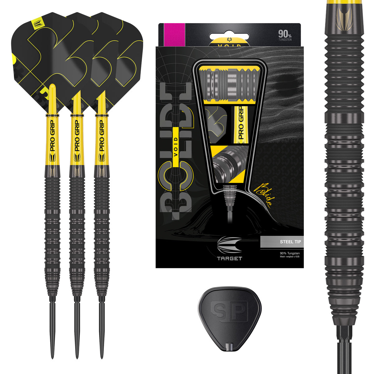 Bolide Void 01 SP Steel Tip Darts main product image showing the darts, presentation box, flights, shafts, and supplied accessories