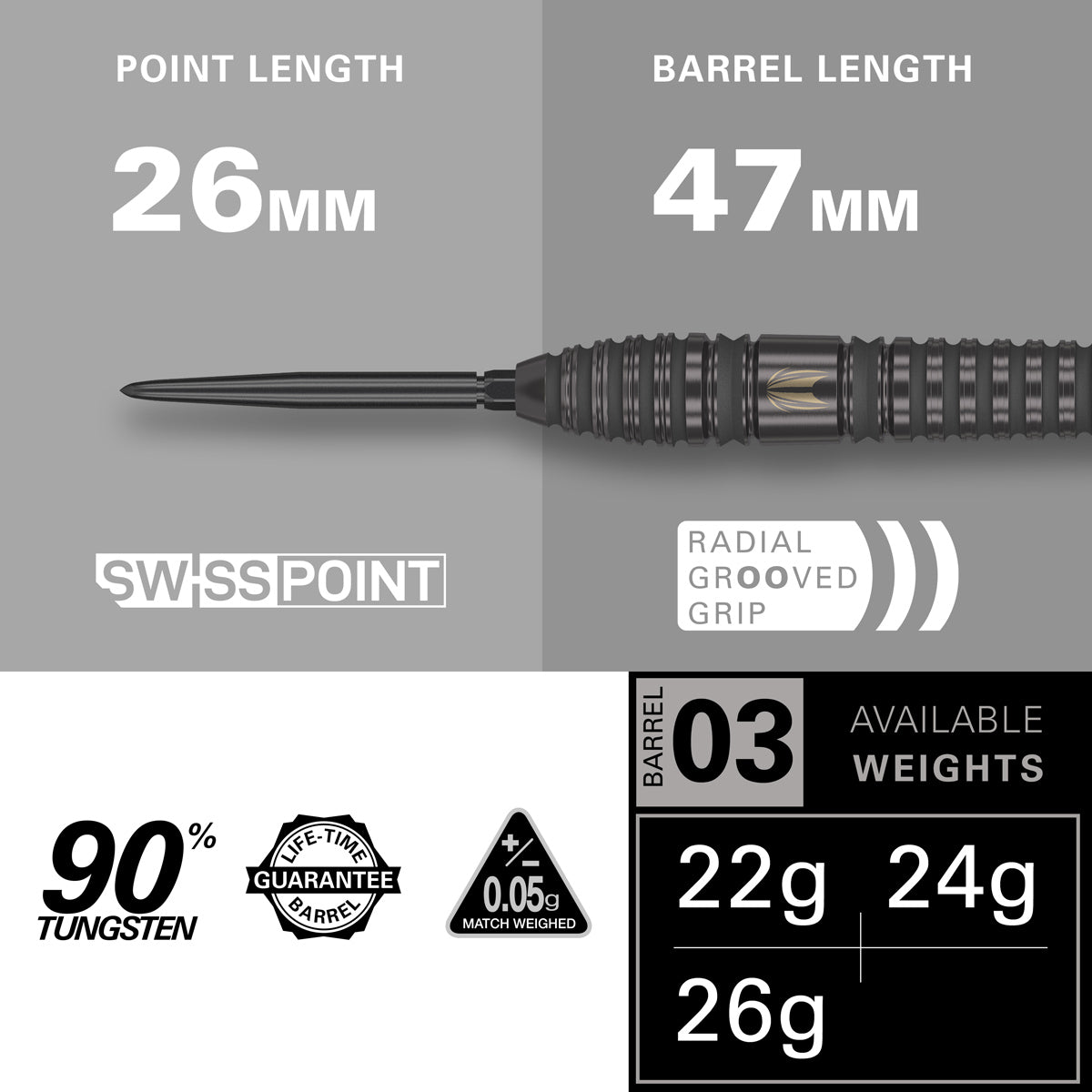 Bolide Void 03 SP Steel Tip Darts specifications image displaying barrel dimensions and technical dart information