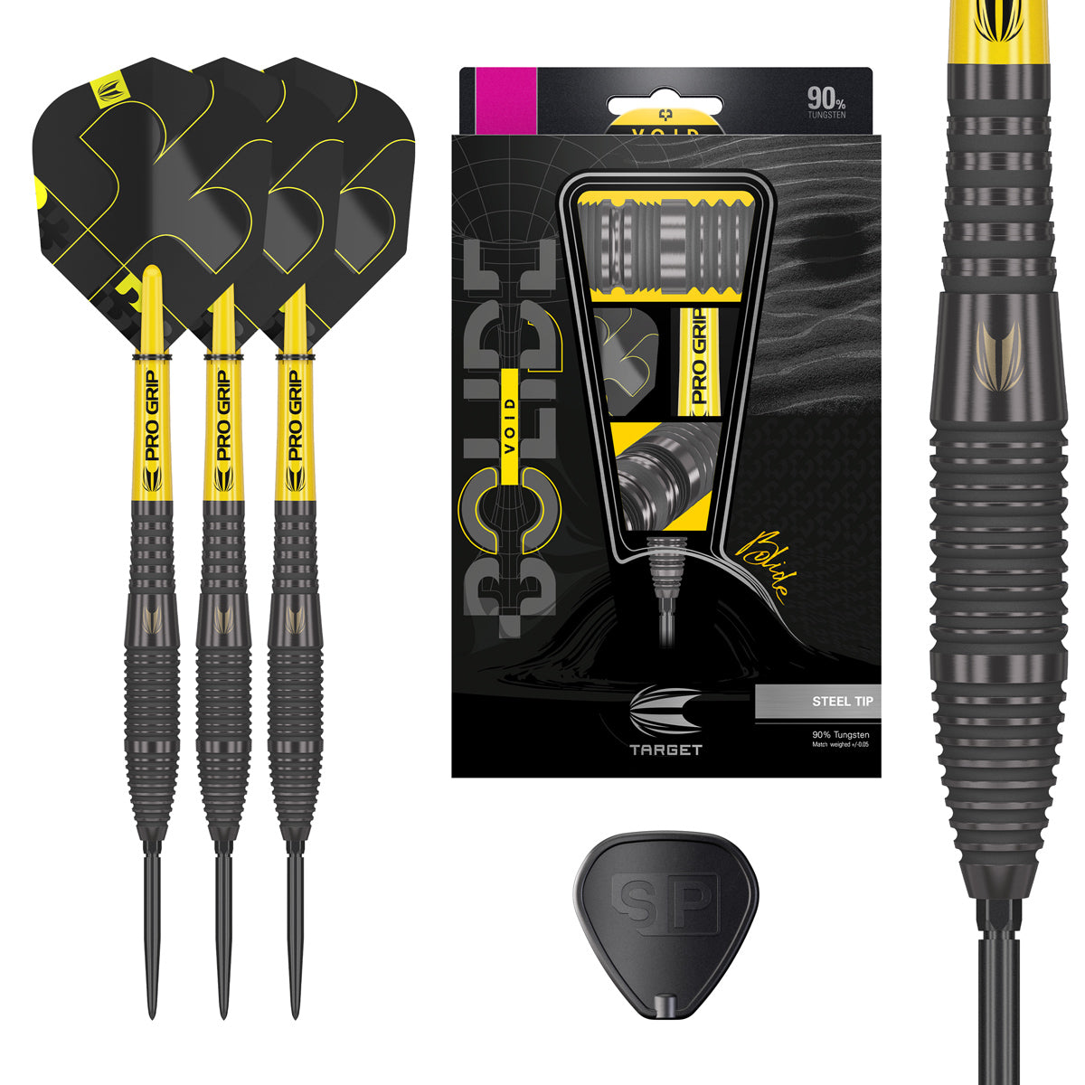 Bolide Void 05 SP Steel Tip Darts main product image showing the darts, presentation box, flights, shafts, and supplied accessories