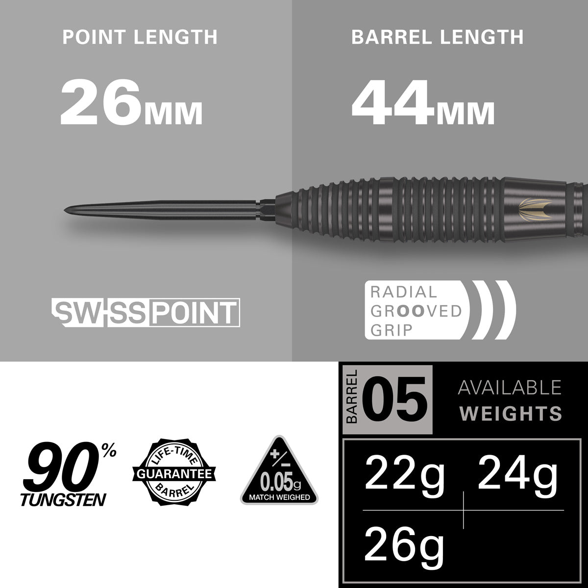 Bolide Void 05 SP Steel Tip Darts specifications image displaying barrel dimensions and technical dart information