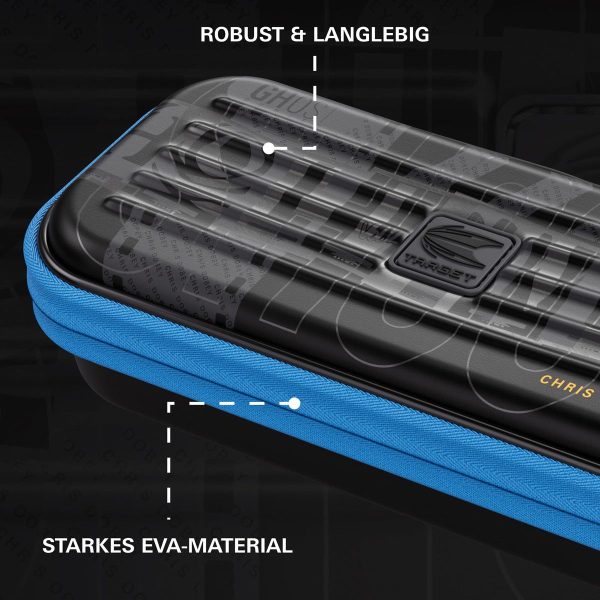 Target Chris Dobey Takoma Ghost Dart Case image highlighting the external materials, zip, handle, branding, and protective construction