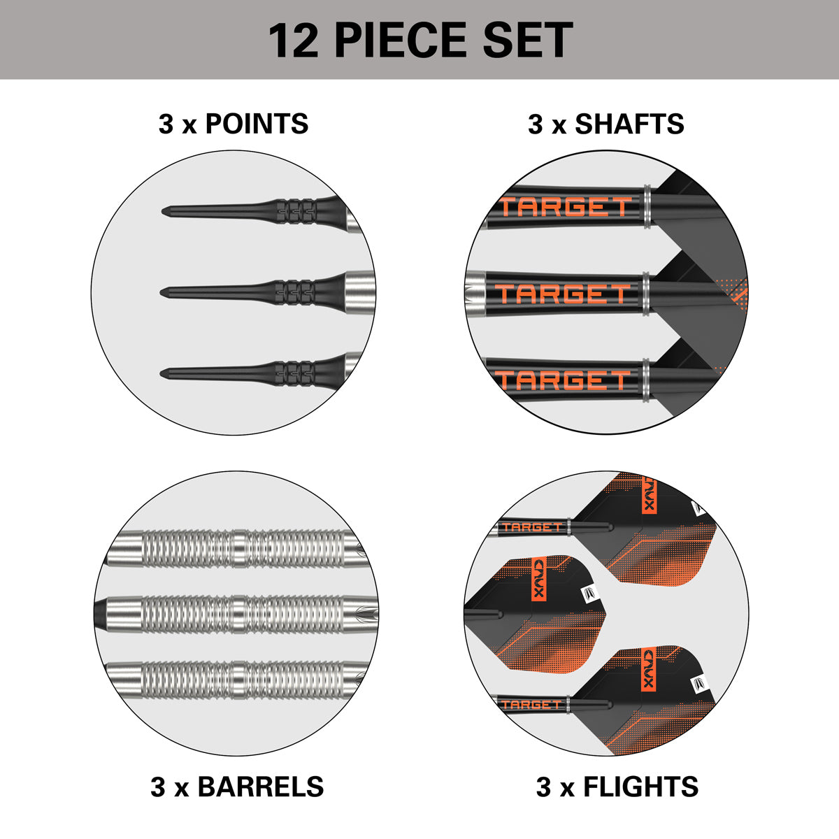 Crux 11 Soft Tip Darts contents image displaying everything included inside the box