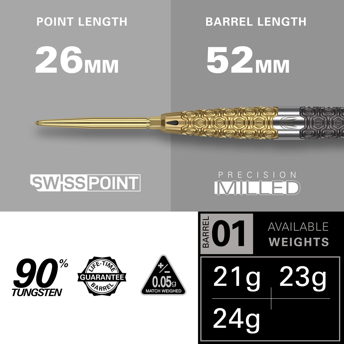 Cult Envy 01 Steel Tip Darts specifications image showing barrel dimensions, weight, and technical details