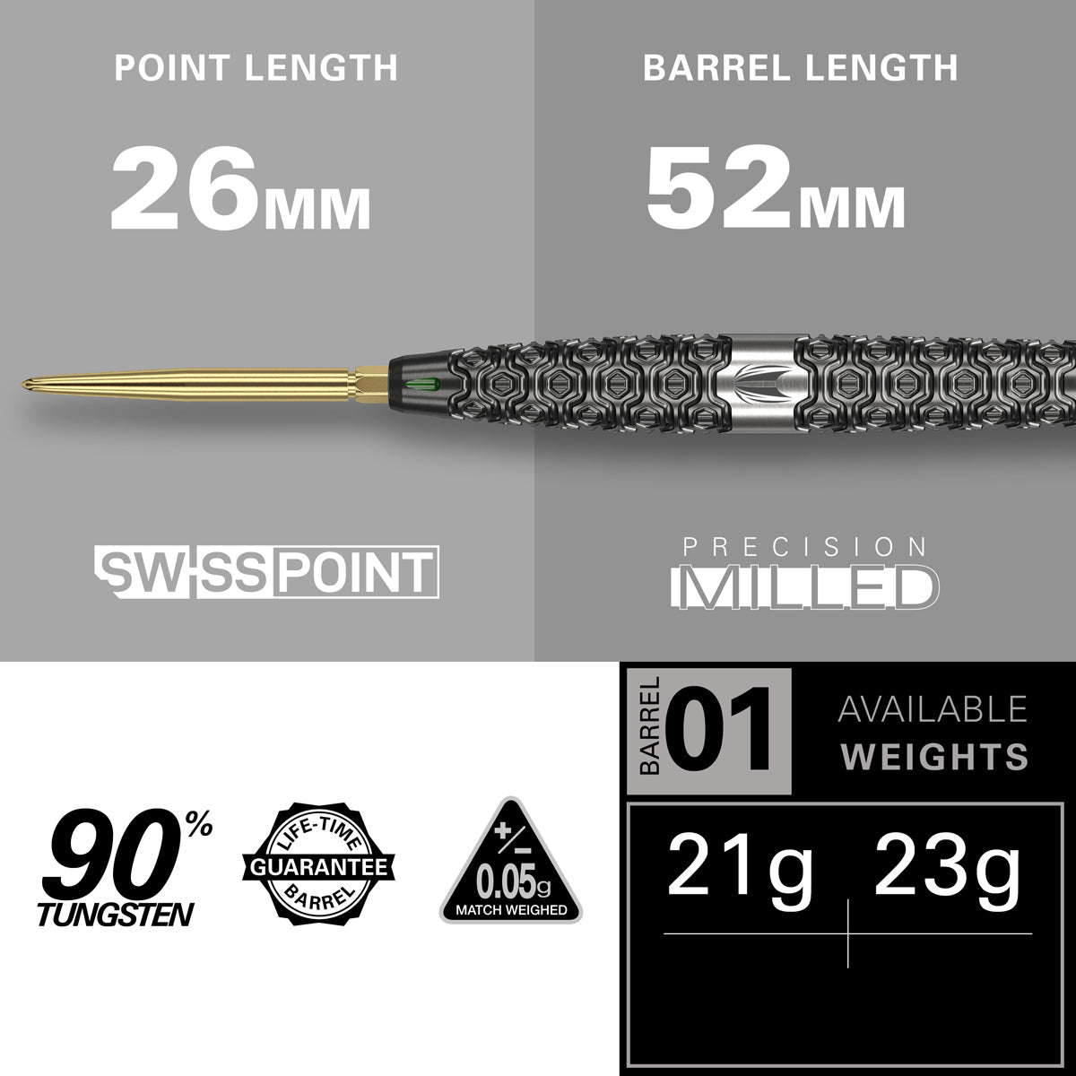 Cult SP01 Steel Tip Darts specifications image showing barrel dimensions, weight, and technical details