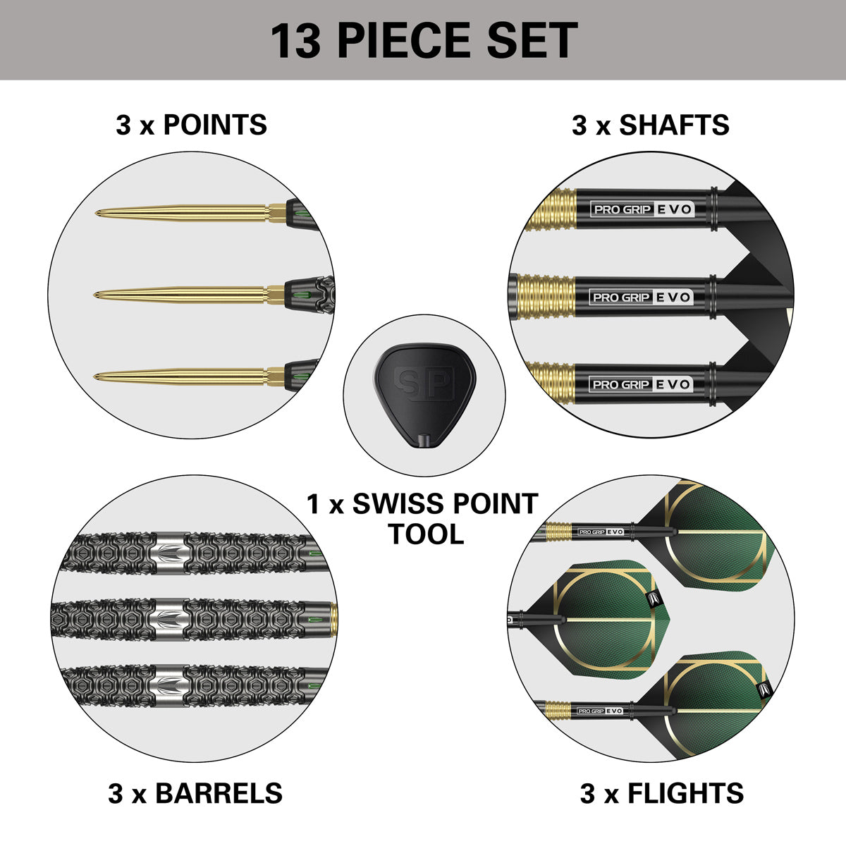 Cult SP01 Steel Tip Darts contents image displaying everything included inside the box