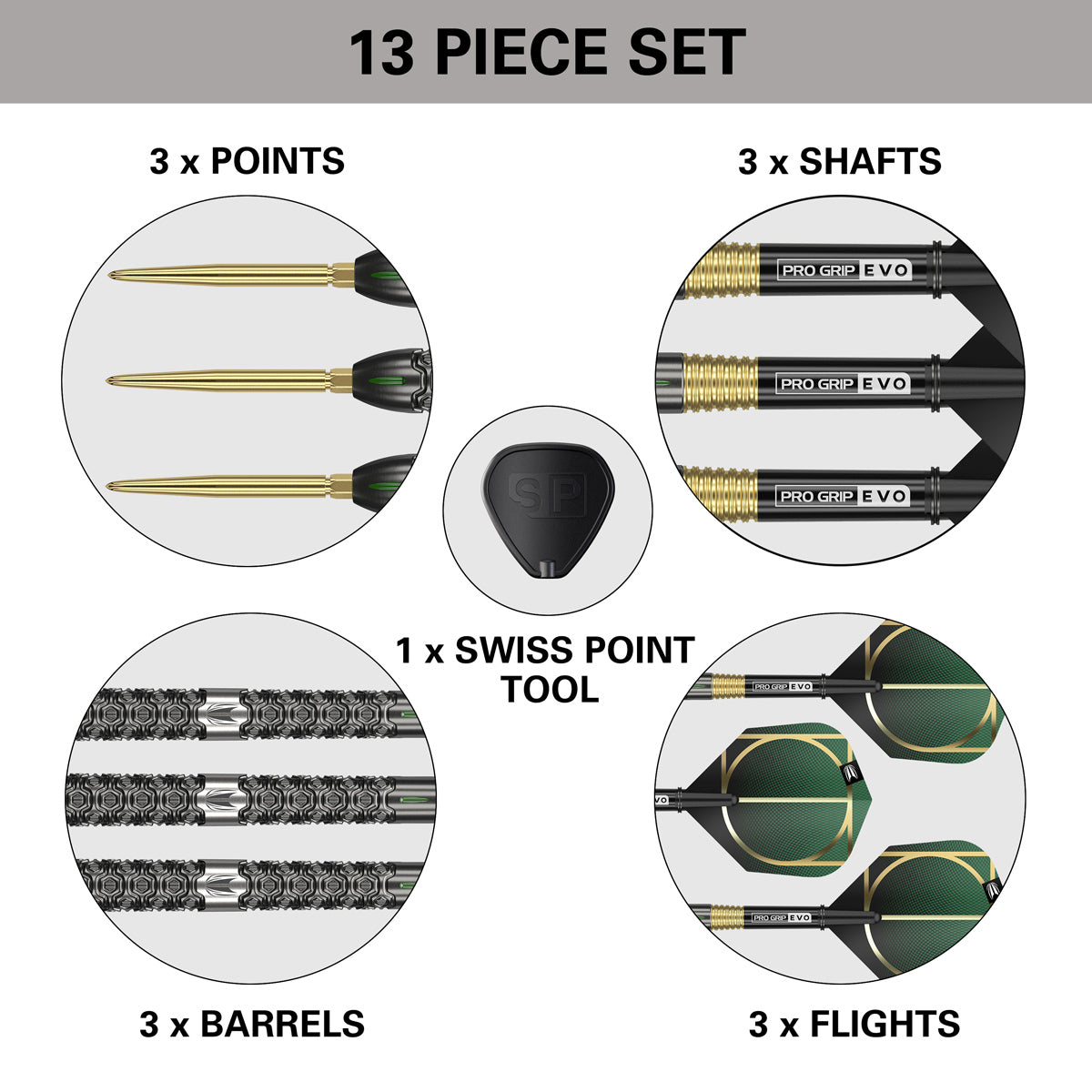Cult SP03 Steel Tip Darts contents image displaying everything included inside the box
