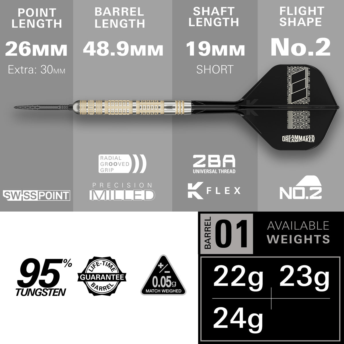 Dimitri Van den Bergh 95K Steel Tip Darts specifications image showing barrel dimensions, weight, and technical details