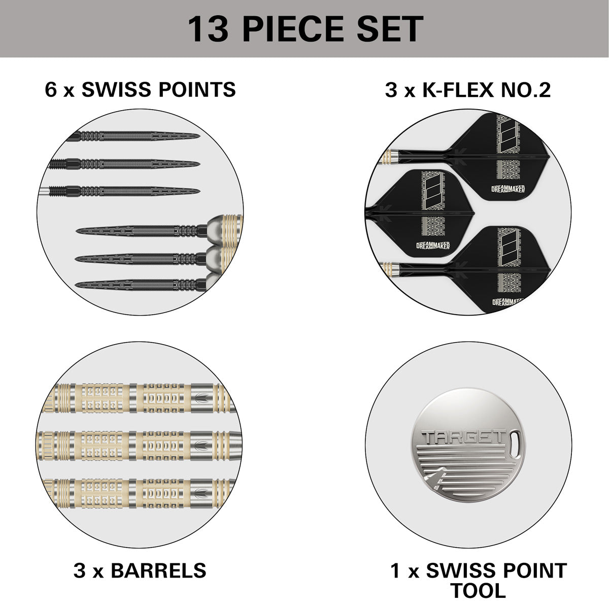 Dimitri Van den Bergh 95K Steel Tip Darts contents image displaying everything included inside the box