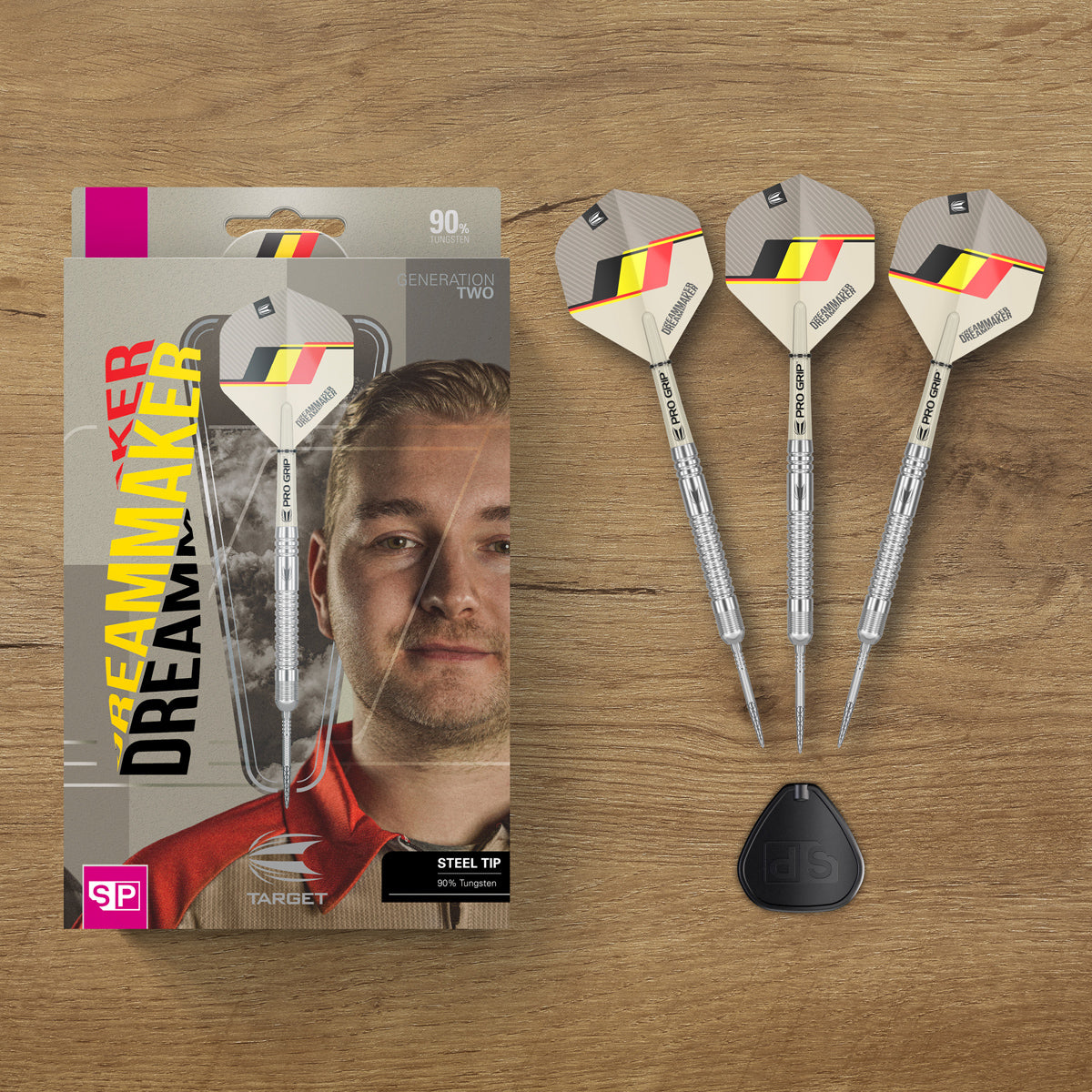Dimitri van den Bergh G2 SP Steel Tip Darts lifestyle image featuring the darts in a premium modern playing setup