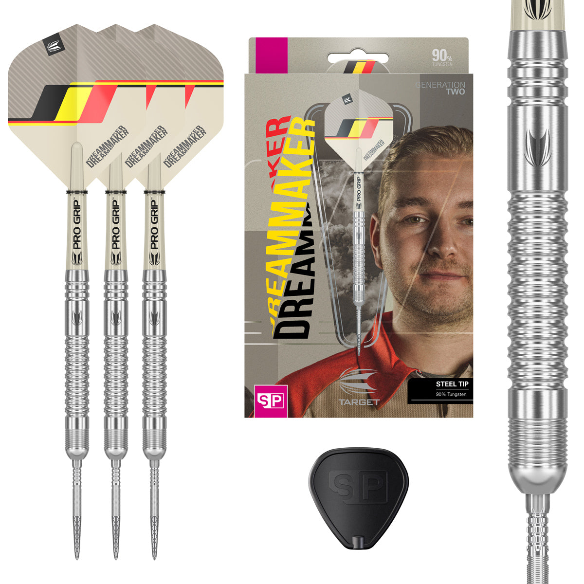 Dimitri van den Bergh G2 SP Steel Tip Darts main product image showing the darts, presentation box, flights, shafts, and supplied accessories