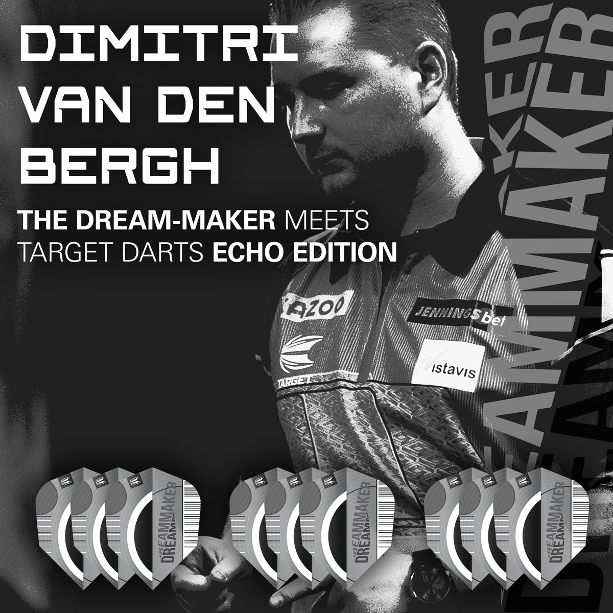 Dimitri Van Den Bergh x Echo Flights by Target image highlighting the compatible Target Dimitri Van Den Bergh x Echo dart range.