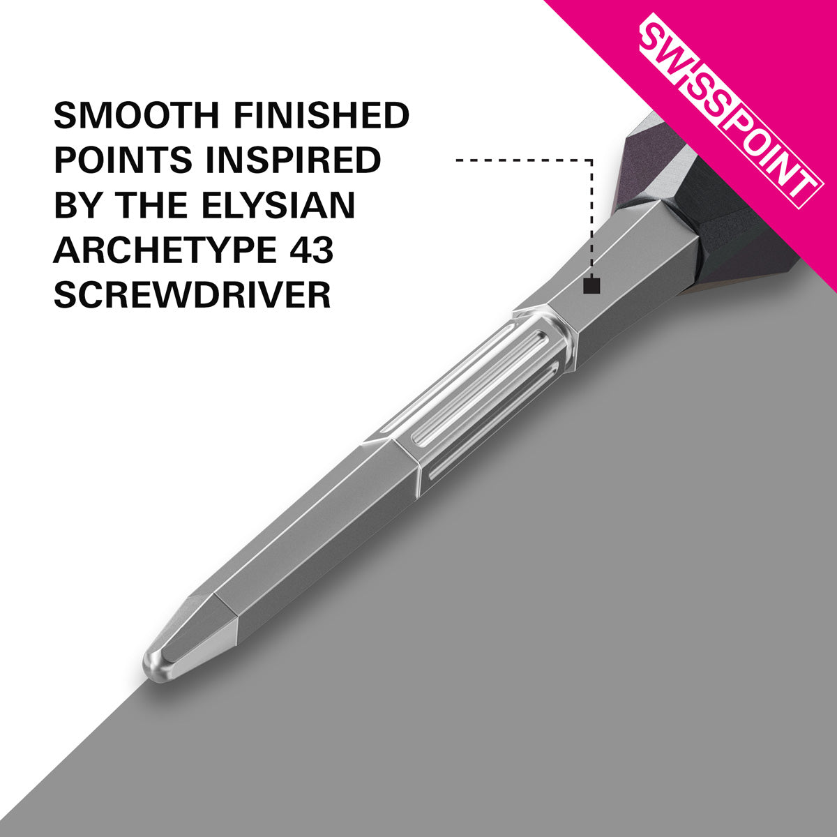 Target Elysian Archetype 43 Swiss Points Silver alternative angle showing the point profile and silver finish