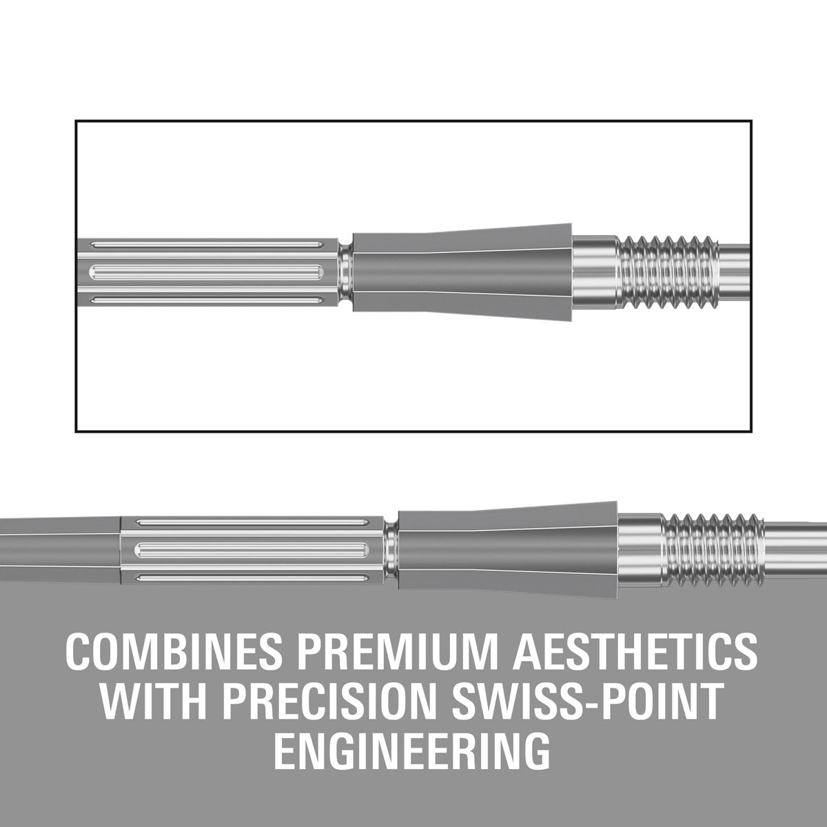 Target Elysian Archetype 43 Swiss Points Silver close up image highlighting the precision grip and machining