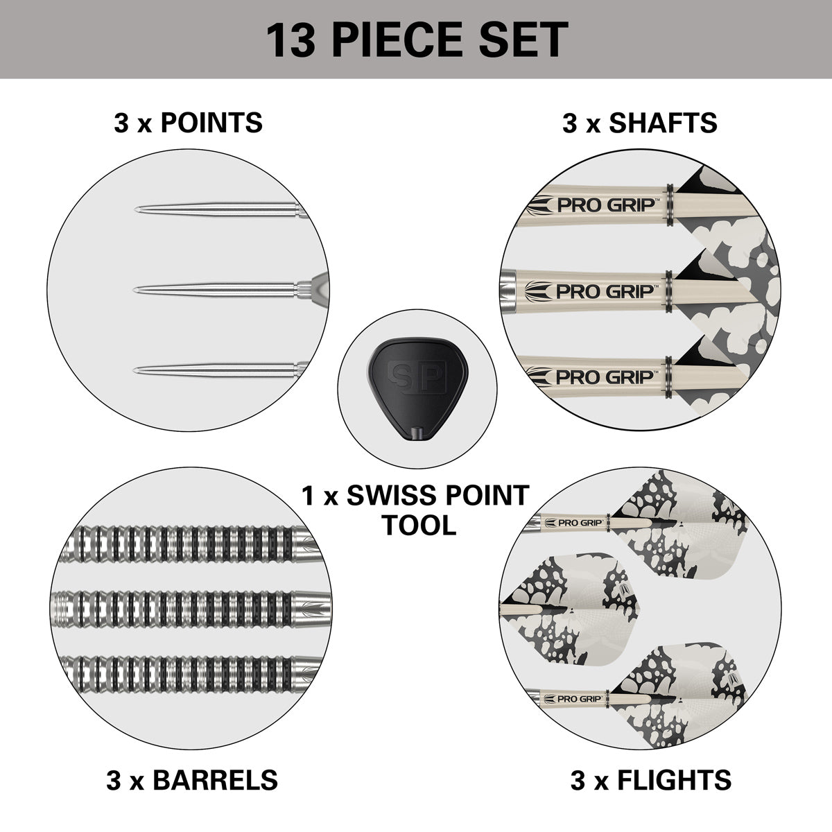 EXO 01 SP Steel Tip Darts contents image displaying all included accessories and components inside the box