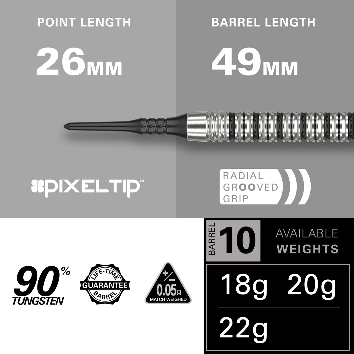EXO 10 Soft Tip Darts specifications image showing barrel dimensions, weight, and technical details