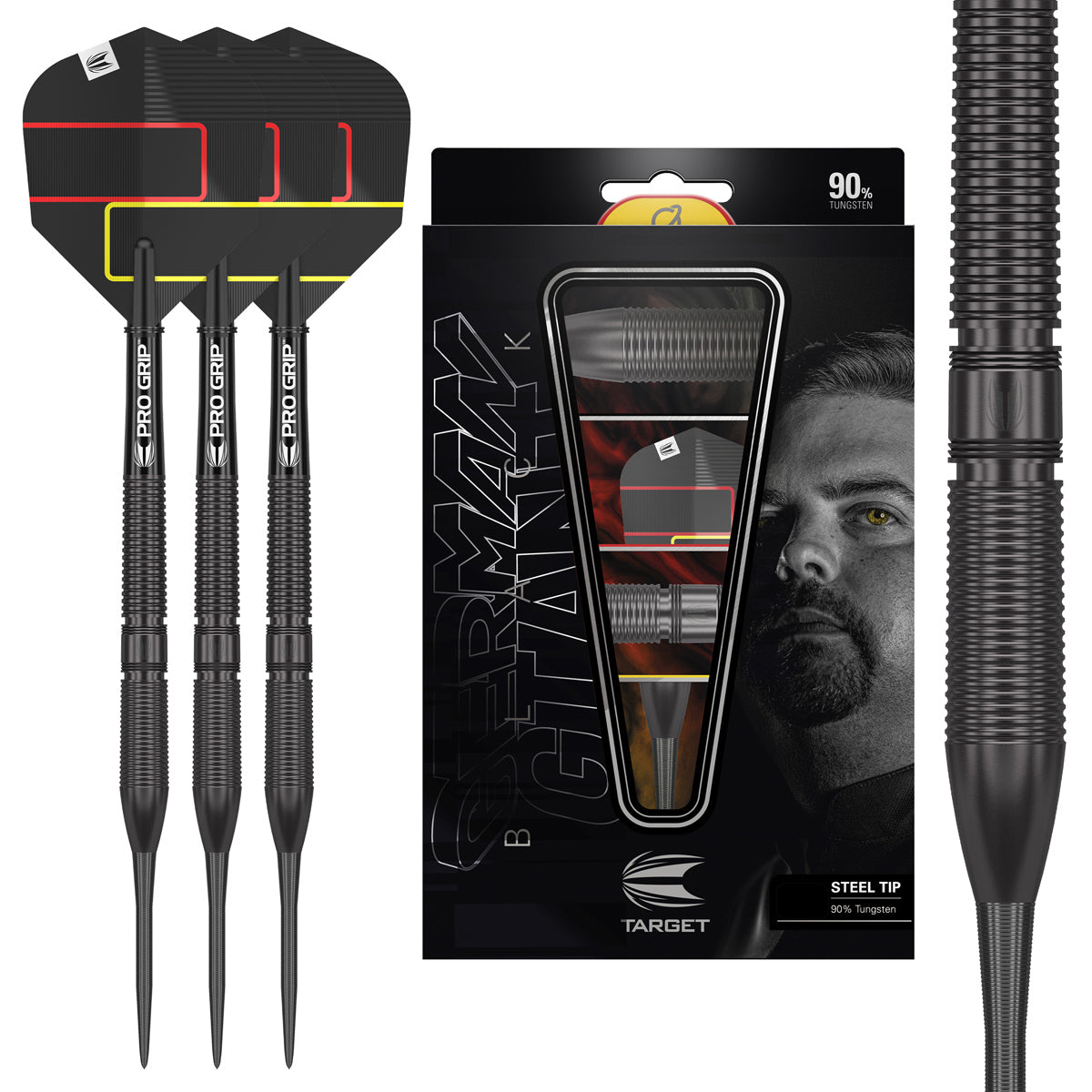 Gabriel Clemens Black Steel Tip Darts main product image showing the darts, packaging, flights, shafts, and included accessories