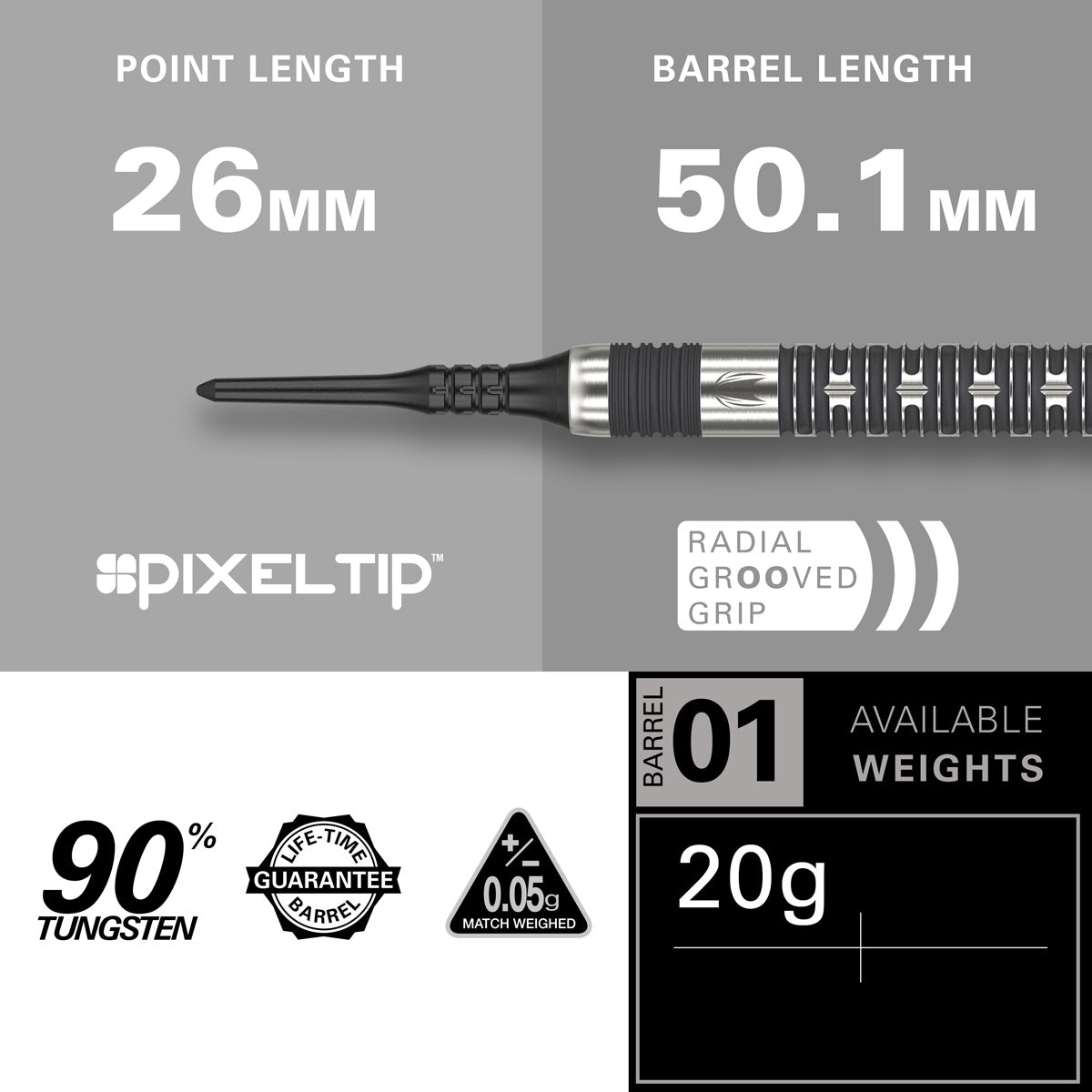 Hollywood Action Soft Tip Darts specifications image showing barrel dimensions, weight, and technical details