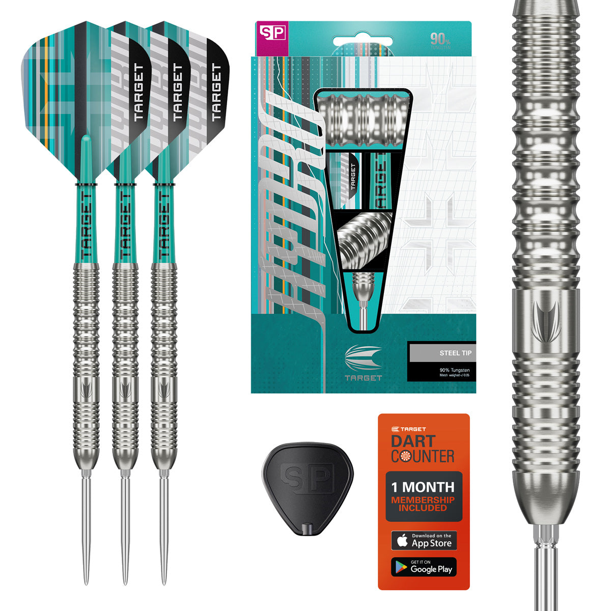 Hydro 01 SP Steel Tip Darts main product image showing the box, darts, flights, shafts, and included accessories