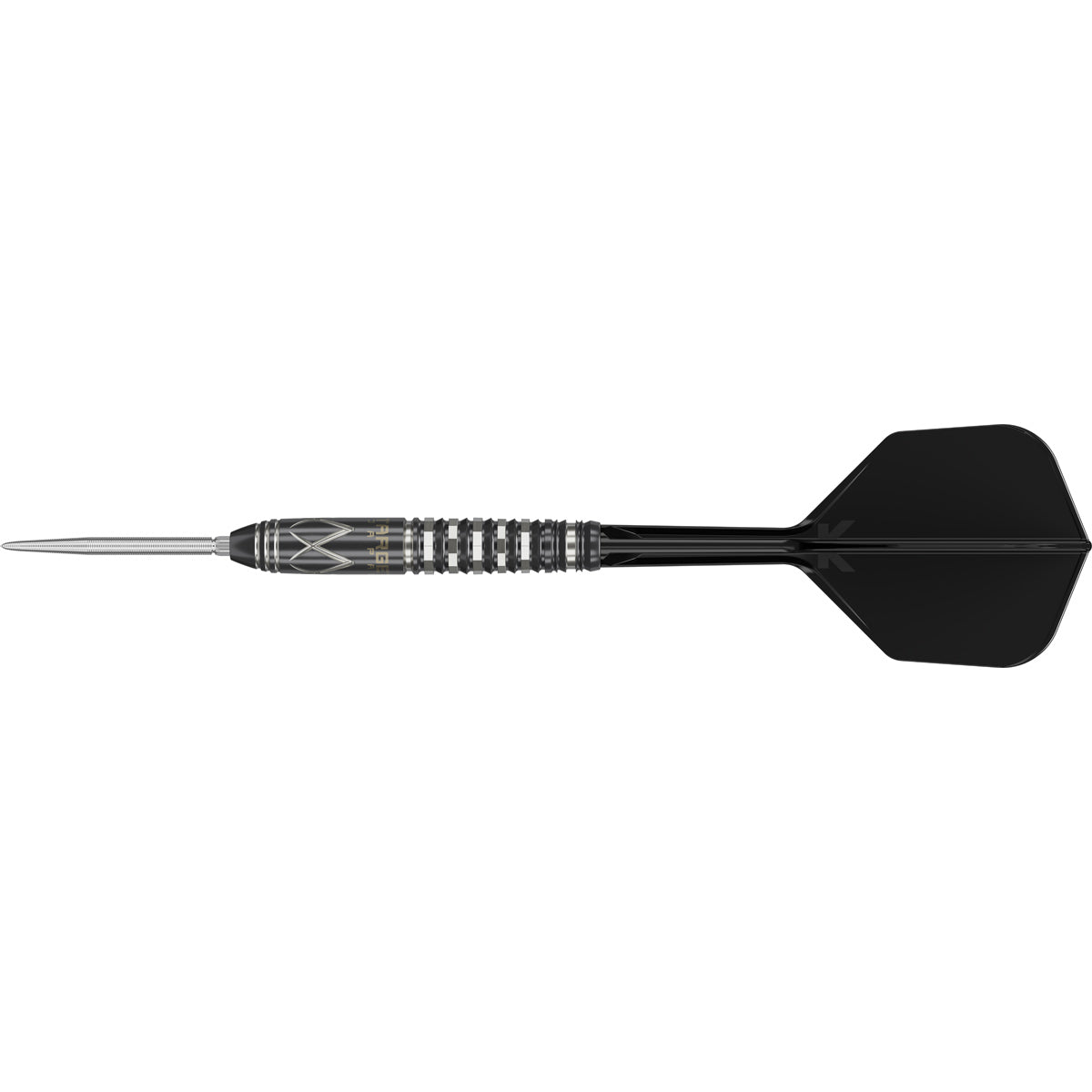 Black Marque Chaos Swiss Point Steel Tip Darts close up image highlighting the barrel grip texture, coating, machining, and design details