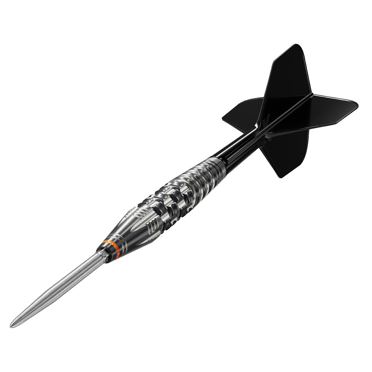 Black Marque Dancing Duck G4 Swiss Point Steel Tip Darts close up image highlighting the barrel grip texture, coating, machining, and design details
