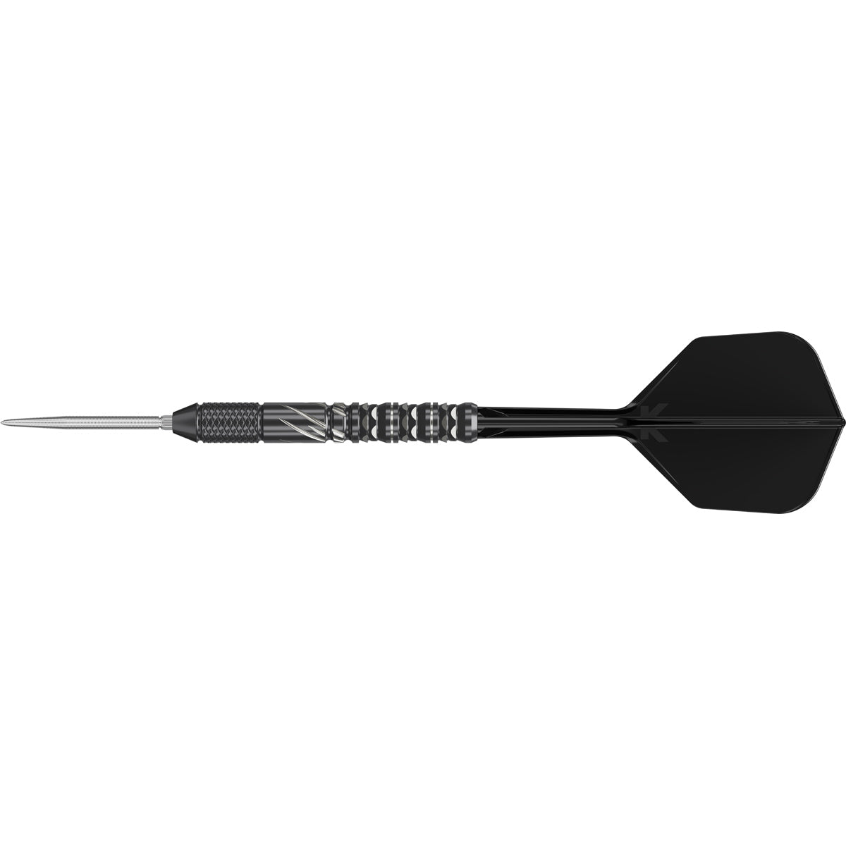 Black Marque Draco Swiss Point Steel Tip Darts close up image highlighting the barrel grip texture, coating, machining, and design details