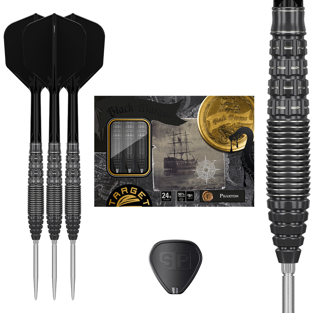 Black Marque Phantom Swiss Point Steel Tip Darts main product image showing the darts, packaging, flights, shafts, and included accessories
