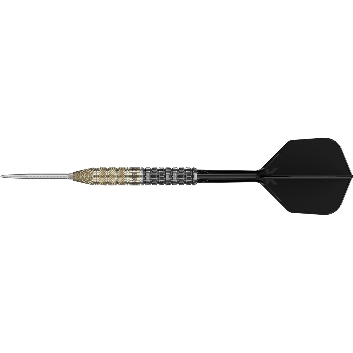 Black Marque Reyn Swiss Point Steel Tip Darts close up image highlighting the barrel grip texture, coating, machining, and design details