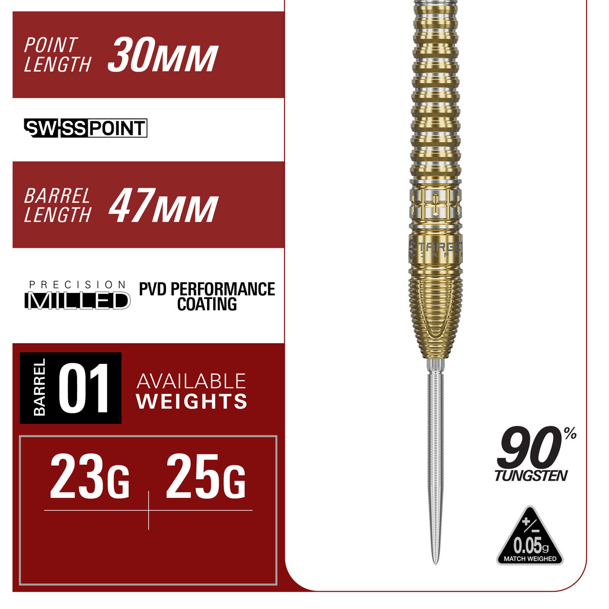 Target Japan Harith Lim Hot Shot G3 Swiss Point Steel Tip Darts specifications image showing barrel dimensions, weight, and technical details