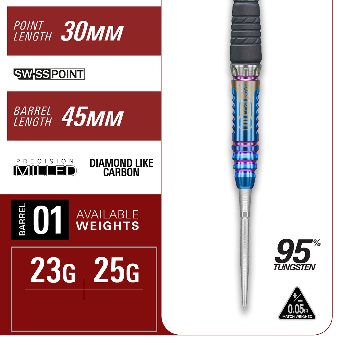 Target Japan Haruki Muramatsu Rising Sun G10 Swiss Point Steel Tip Darts specifications image showing barrel dimensions, weight, and technical details