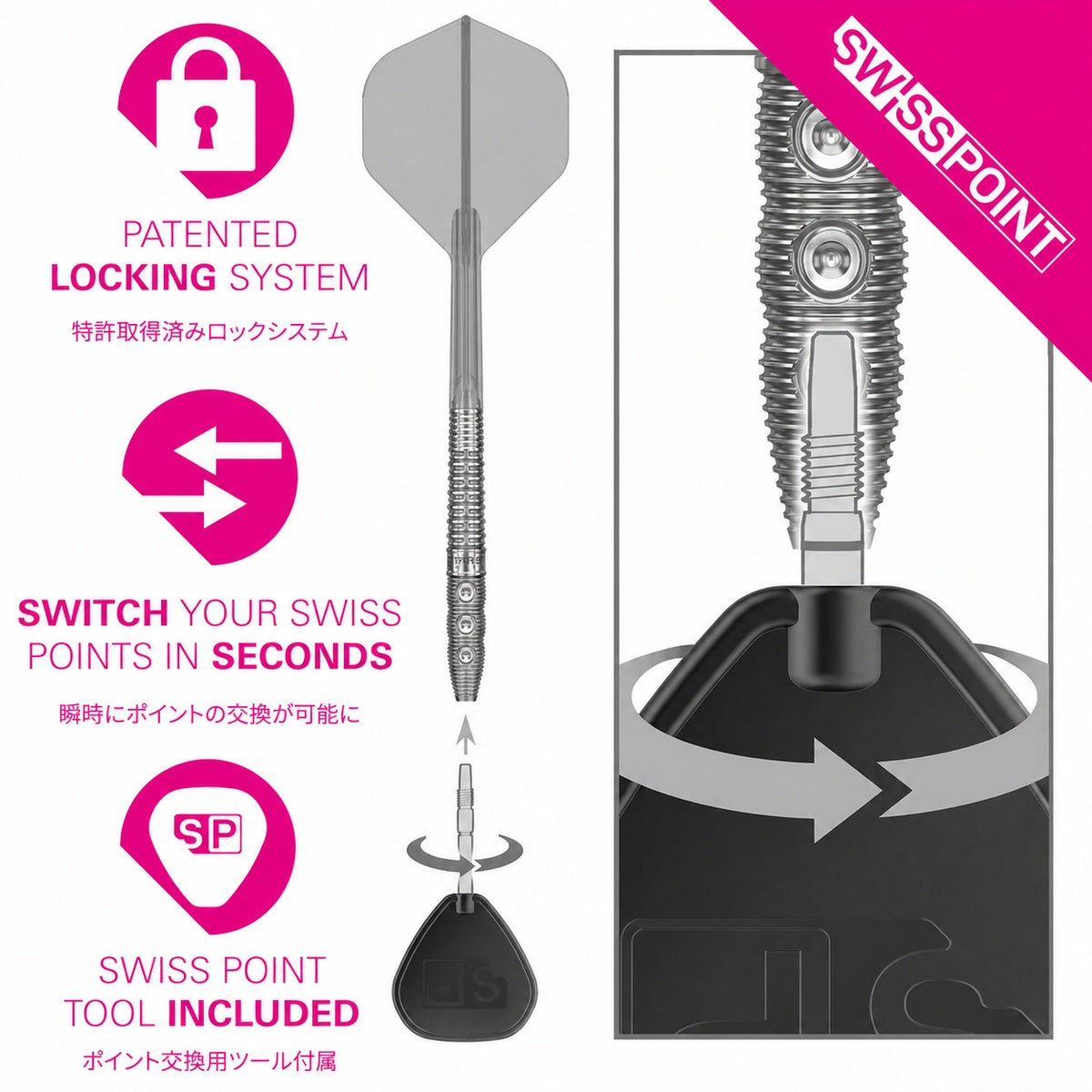 Hot Shot G2 Steel Tip Darts Swiss Point demonstration image showing the interchangeable point system in use