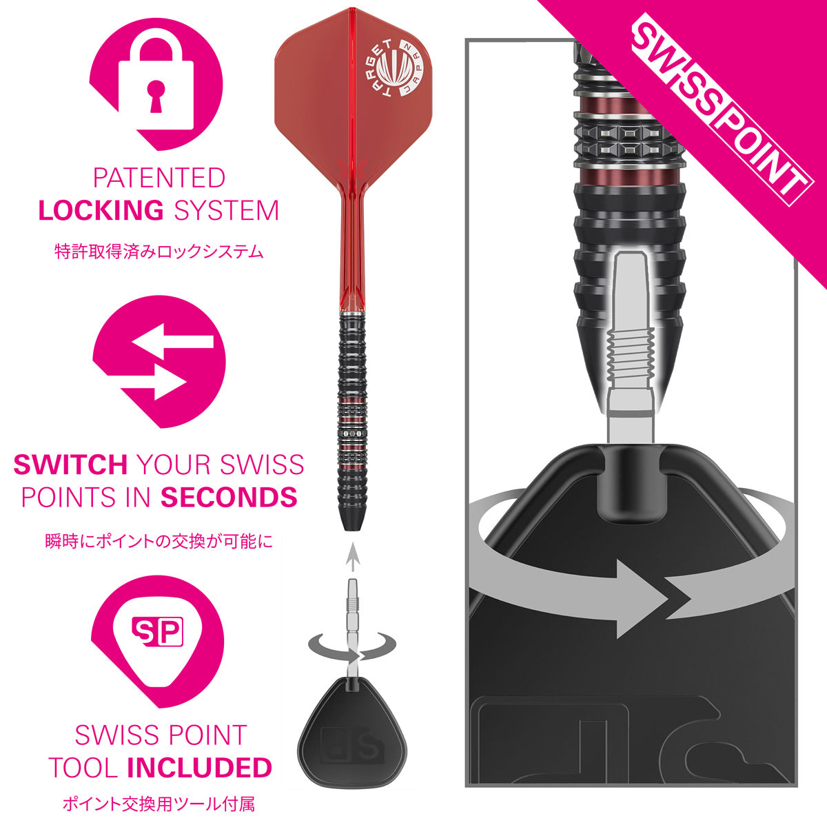 Target Japan Kosuzu Iwao Diamond G4 Swiss Point Steel Tip Darts Swiss Point demonstration image showing the interchangeable point system in use