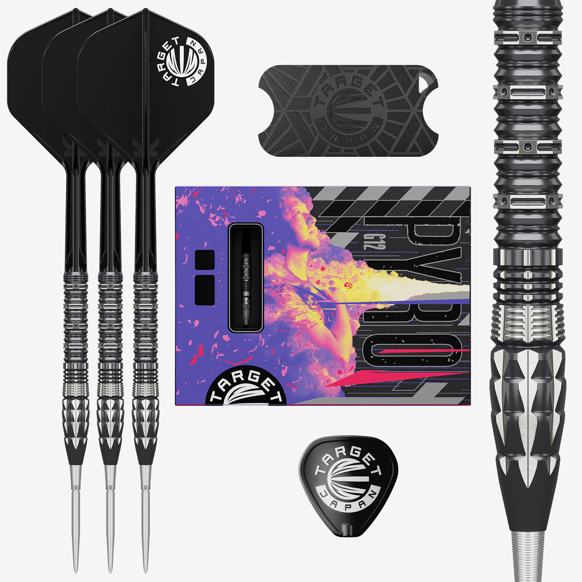 Image of the Target Japan Mitsumasa Hoshino Pyro G12 Swiss Point 90% Tungsten Steel Tip Darts displayed for retail sale with product packaging