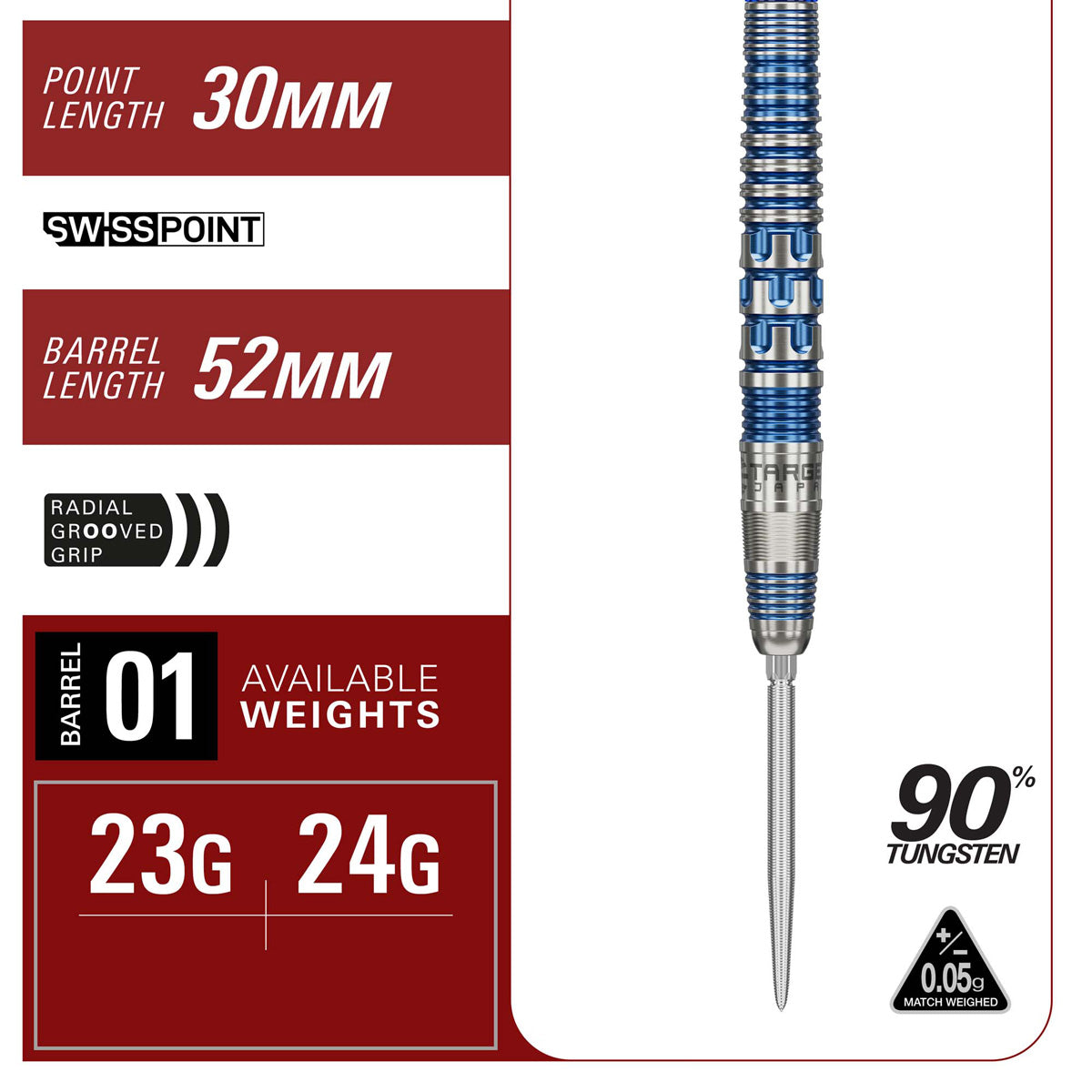 Target Japan Mizu 01 Swiss Point Steel Tip Darts specifications image showing barrel dimensions, weight, and technical details