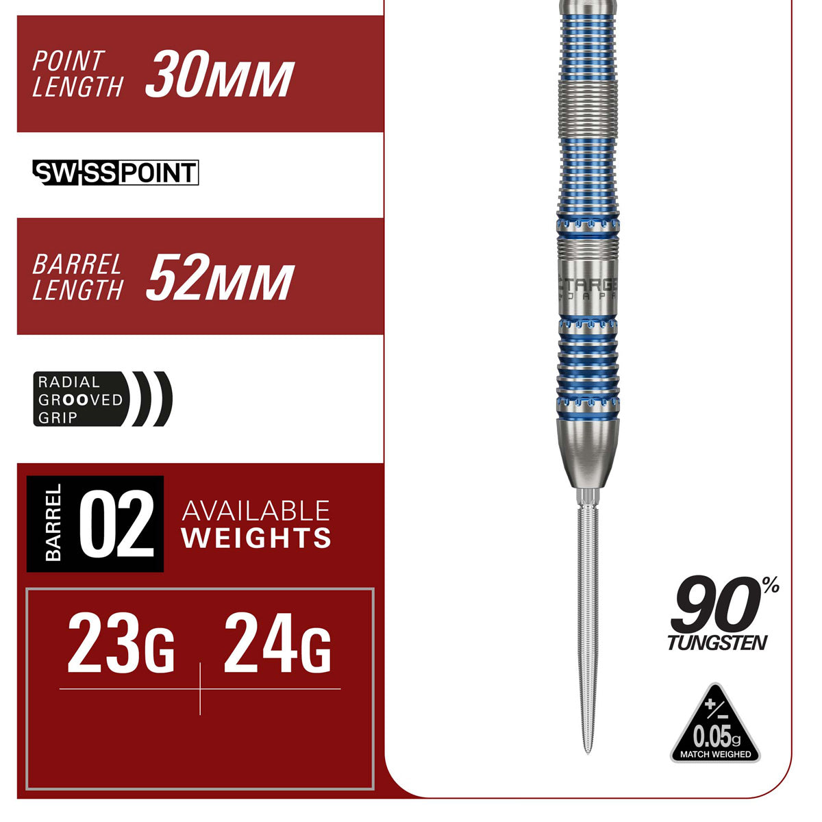 Target Japan Mizu 02 Swiss Point Steel Tip Darts specifications image showing barrel dimensions, weight, and technical details