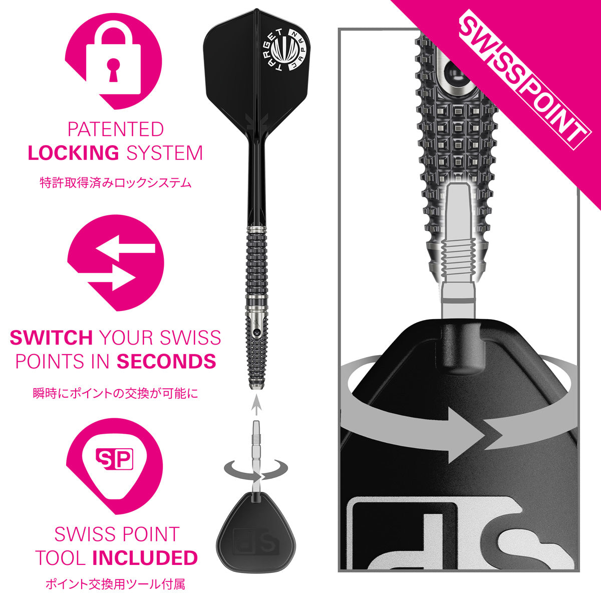 Target Japan Paul Lim The Legend Gen 9 Swiss Point Steel Tip Darts Swiss Point demonstration image showing the interchangeable point system in use