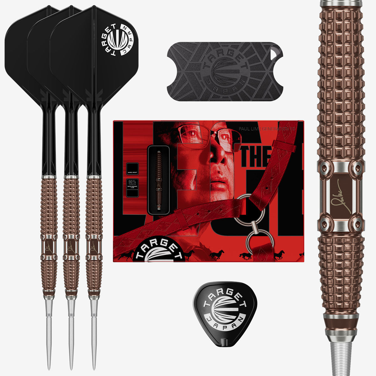 Image of the Target Japan Paul Lim The Legend Swiss Point 90% Tungsten Steel Tip Darts displayed for retail sale with product packaging