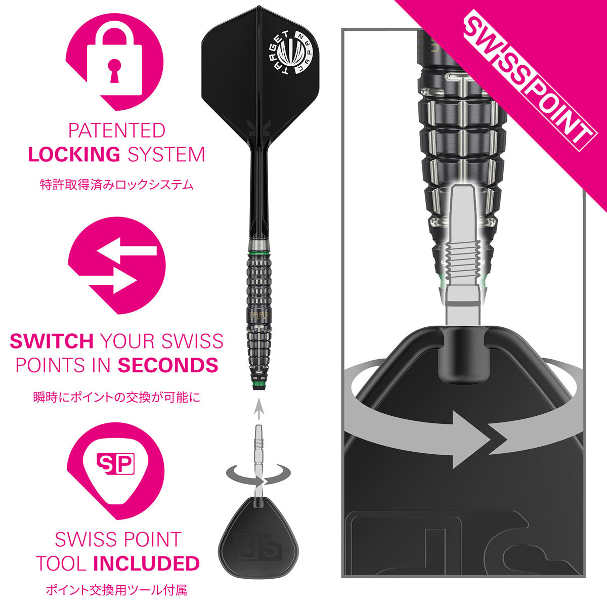 Target Japan Prime Series Scream G2 Swiss Point Steel Tip Darts Swiss Point demonstration image showing the interchangeable point system in use