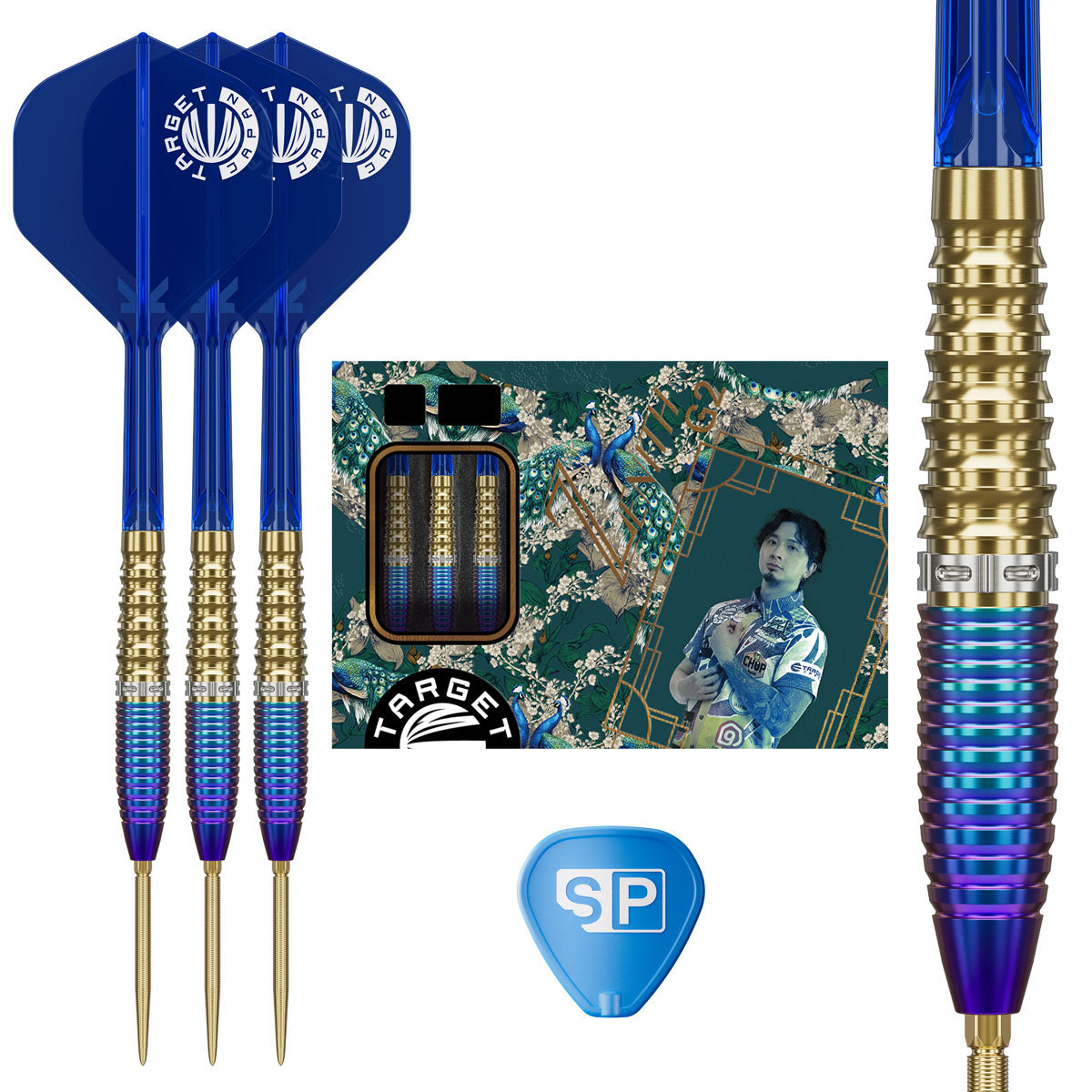 Target Japan Prime Series Zenith G2 Swiss Point Steel Tip Darts main product image showing the darts, packaging, flights, shafts, and included accessories