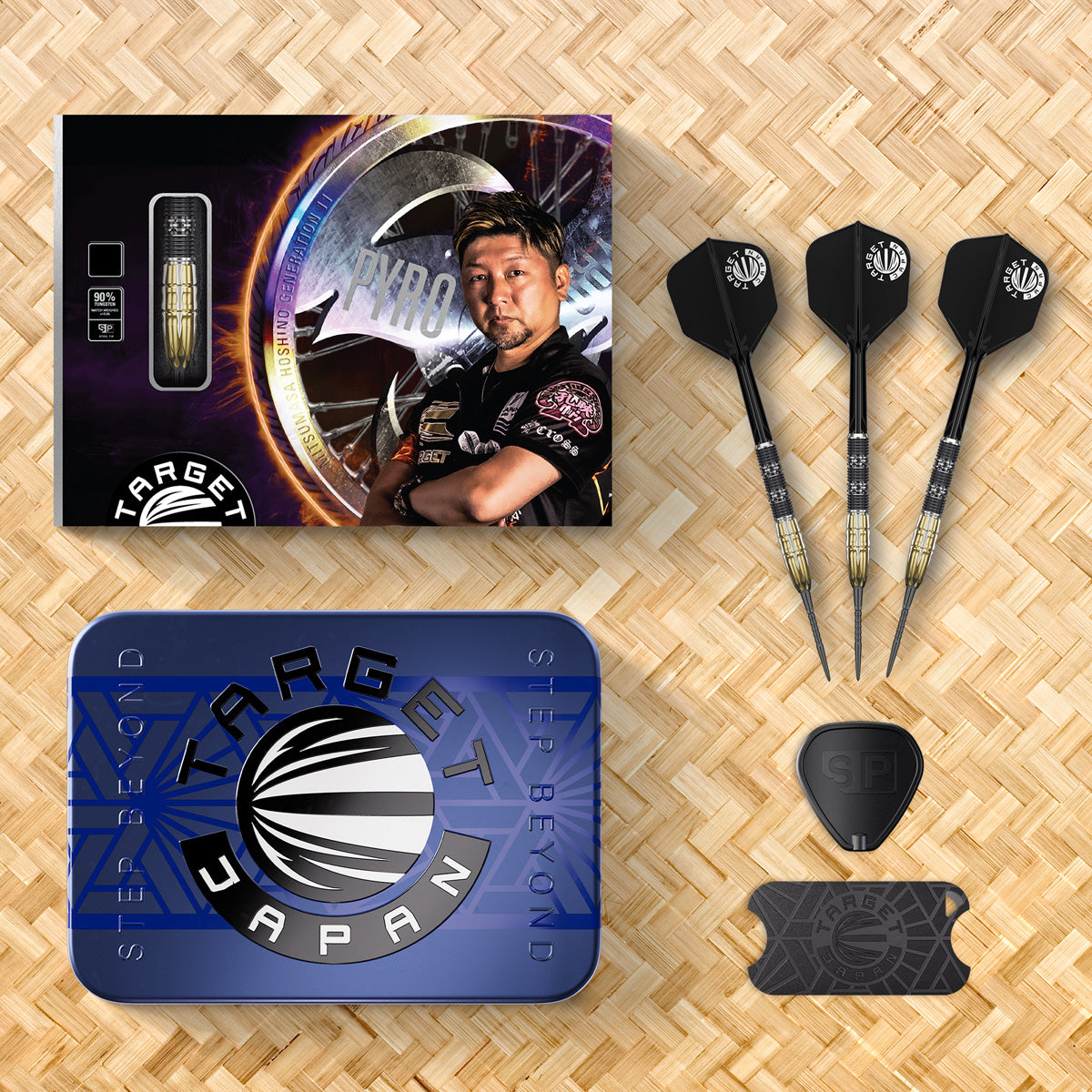 Target Japan Pyro G11 Swiss Point Steel Tip Darts lifestyle image showing a premium darts setup and playing environment on a wodden background to display all the items