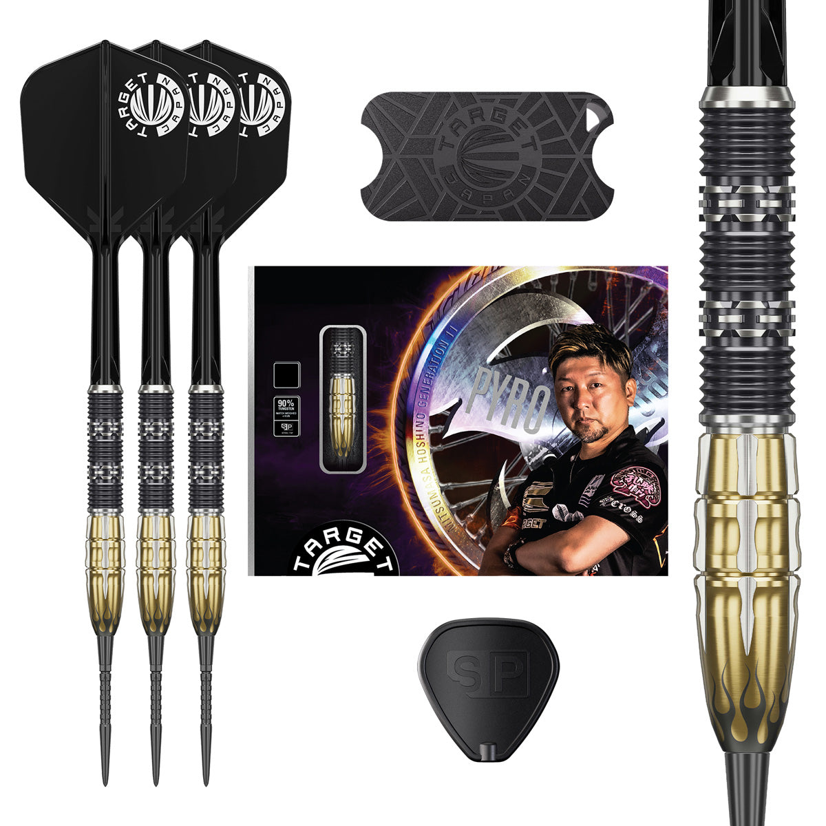 Target Japan Pyro G11 Swiss Point Steel Tip Darts main product image showing the darts, packaging, flights, shafts, and included accessories