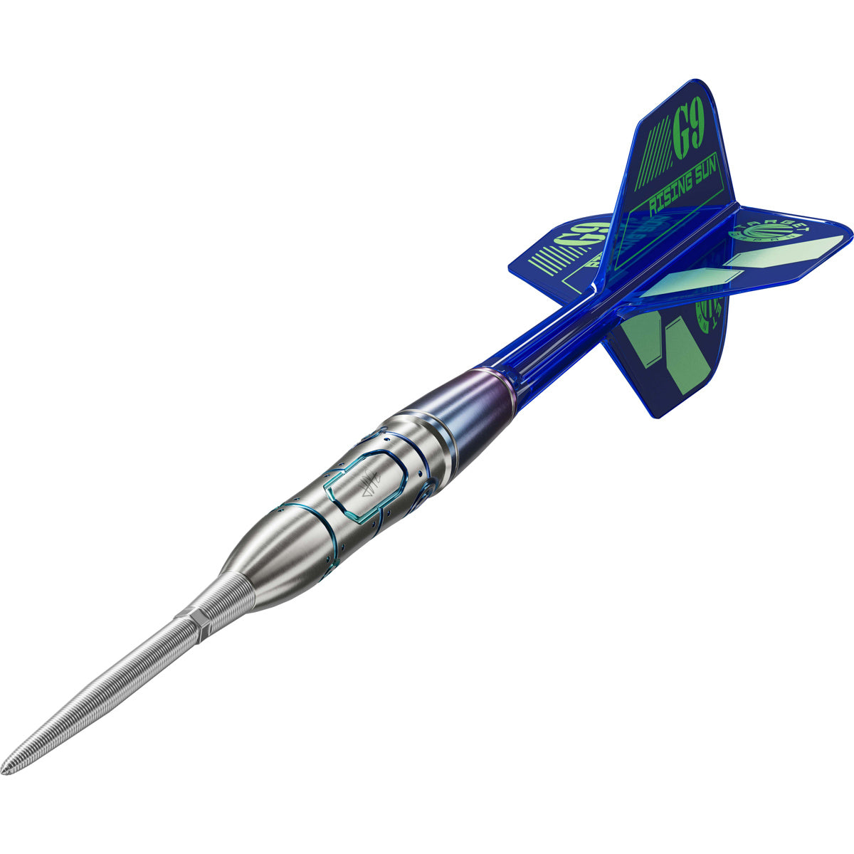 Target Japan Rising Sun G9 Smooth Swiss Point Steel Tip Darts close up image highlighting the barrel grip texture, coating, machining, and design details