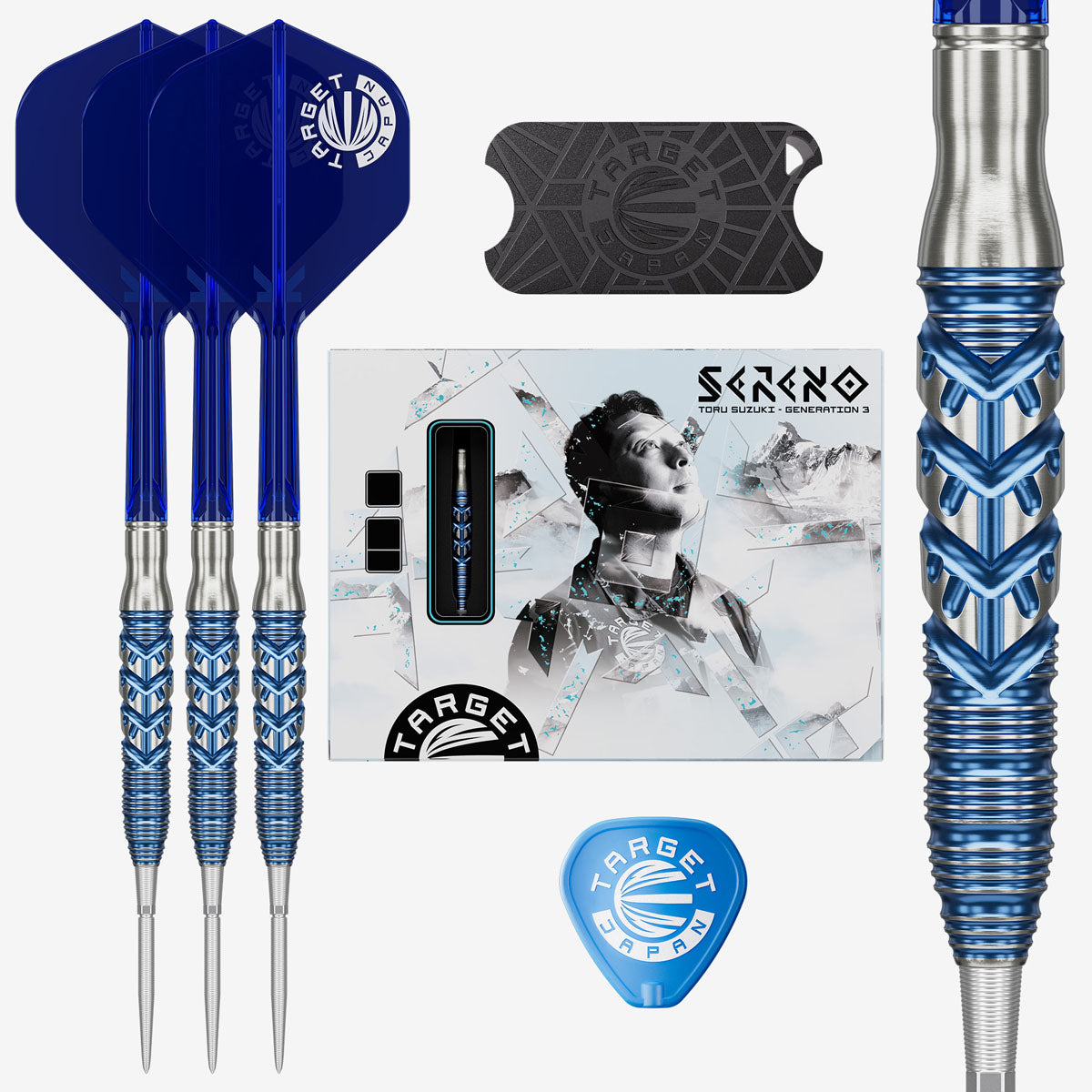 Image of the Sereno G3 Swiss Point Darts displayed for retail sale with product packaging
