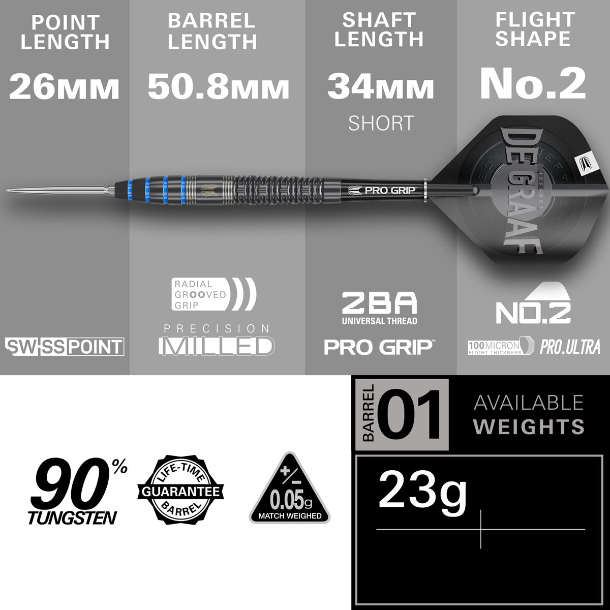 Jeffrey De Graaf Steel Tip Darts specifications image showing barrel dimensions, weight, and technical details