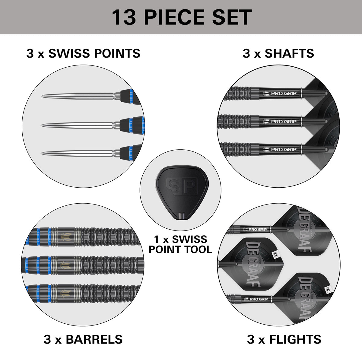 Jeffrey De Graaf Steel Tip Darts contents image displaying everything included inside the box